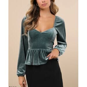NWT Lulus Marvelously Sweet Sage Blue Velvet Long Sleeve Peplum Top Size M
